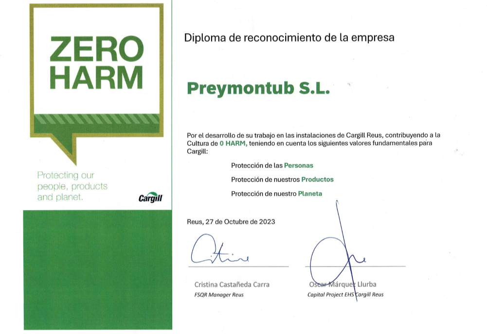 Preymontub Reconocida con el Premio ZERO HARM en las Instalaciones de Cargill Reus Preymontub SL